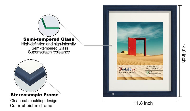 VIOLABBEY 11x14 Picture Frames Set of 4, Fits 8x10 Photo Frame with Ivory Mat or 11x14 Without Mat, Wall or Tabletop Display, Semi Tempered Glass, Blue - Image 3